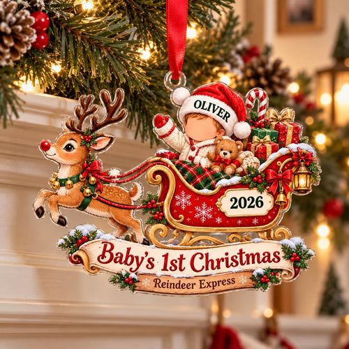 Baby's First Christmas Reindeer Sleigh Acrylic Ornament - Acrylic Christmas Ornament, detail view