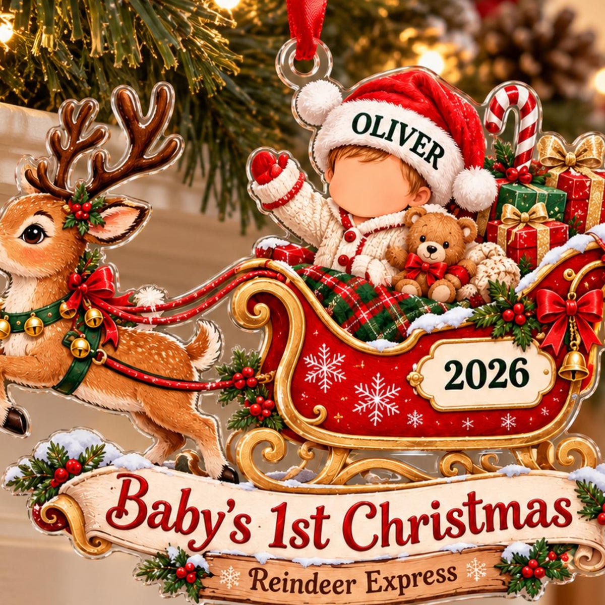 Baby's First Christmas Reindeer Sleigh Acrylic Ornament - Acrylic Christmas Ornament, styled in the home