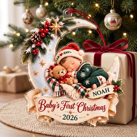 Baby's First Christmas Sleeping on the Moon Acrylic Ornament - Acrylic Christmas Ornament, front view