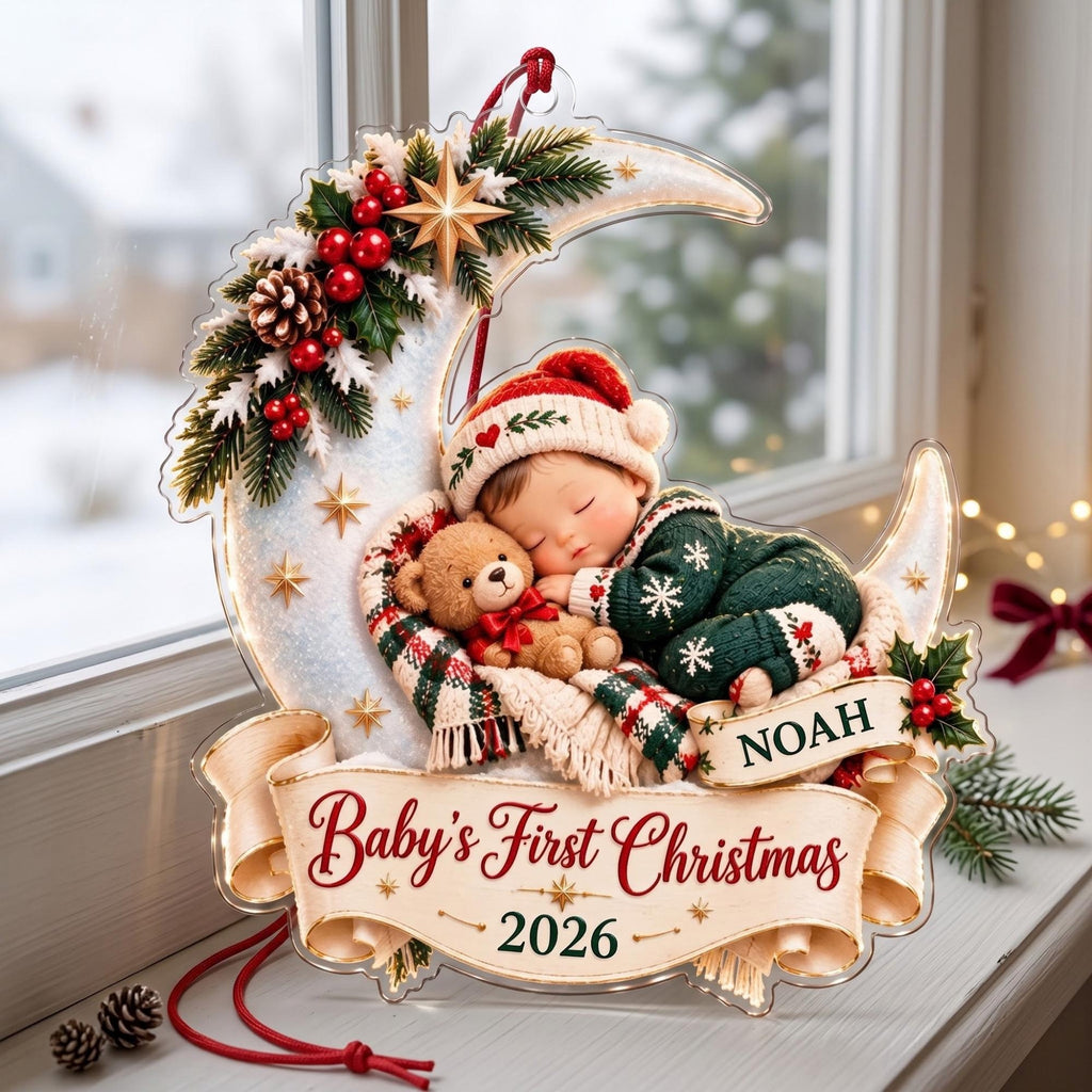 Baby's First Christmas Sleeping on the Moon Acrylic Ornament - Acrylic Christmas Ornament, detail view