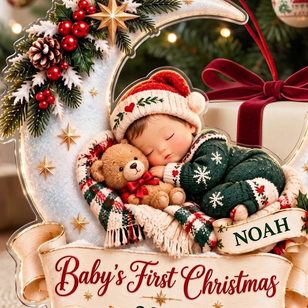 Baby's First Christmas Sleeping on the Moon Acrylic Ornament - Acrylic Christmas Ornament, styled in the home