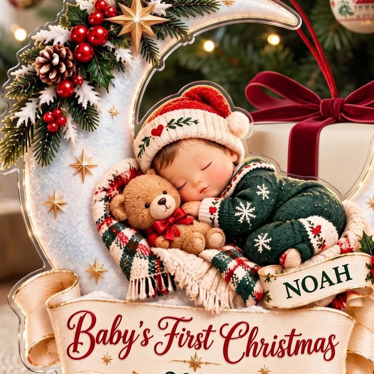 Baby's First Christmas Sleeping on the Moon Acrylic Ornament - Acrylic Christmas Ornament, styled in the home
