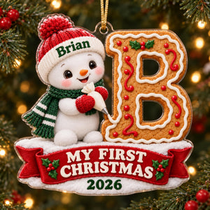 Baby's First Christmas Snowman Gingerbread Initial Acrylic Ornament - Acrylic Christmas Ornament, front view