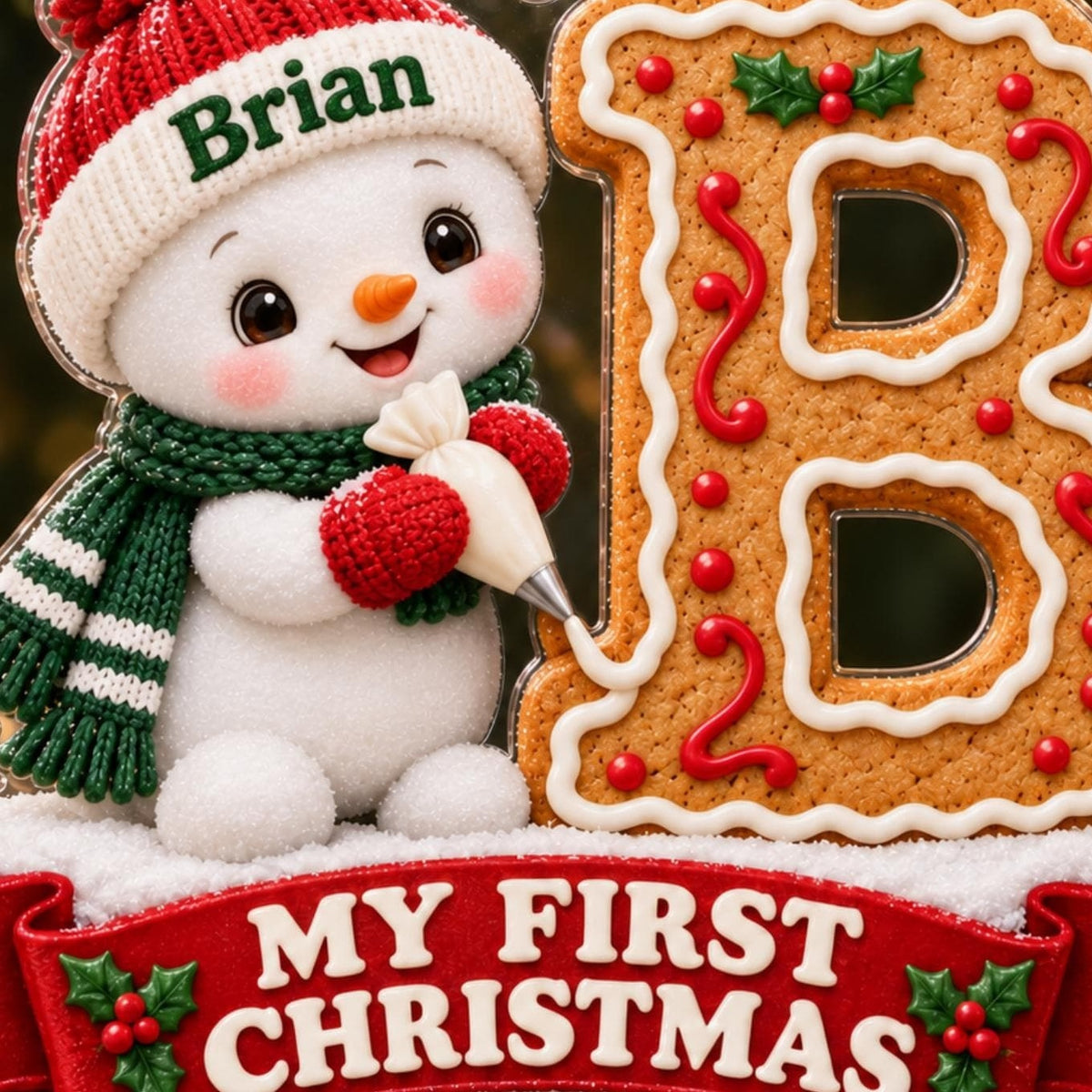 Baby's First Christmas Snowman Gingerbread Initial Acrylic Ornament - Acrylic Christmas Ornament, detail view