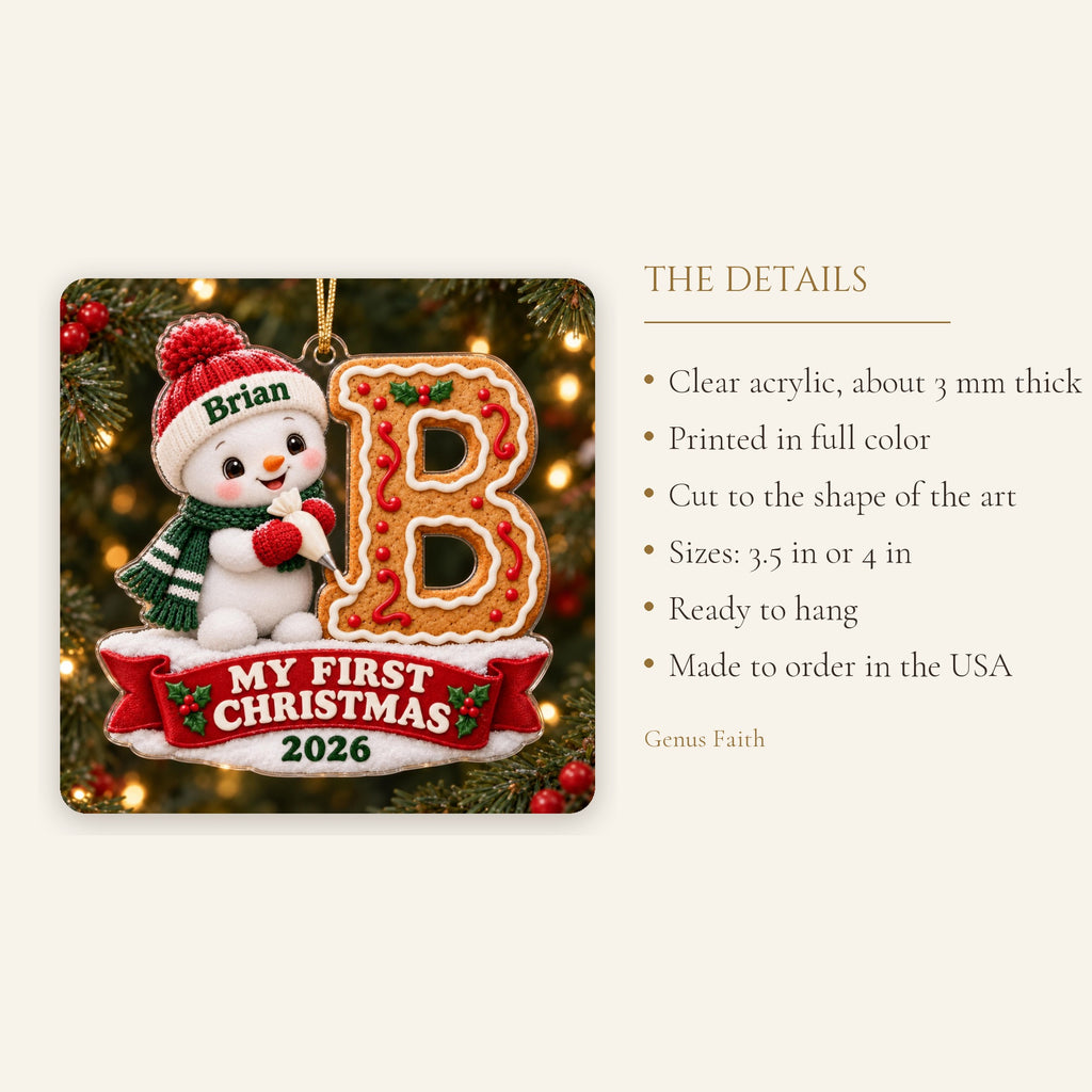 Baby's First Christmas Snowman Gingerbread Initial Acrylic Ornament - Acrylic Christmas Ornament, styled in the home