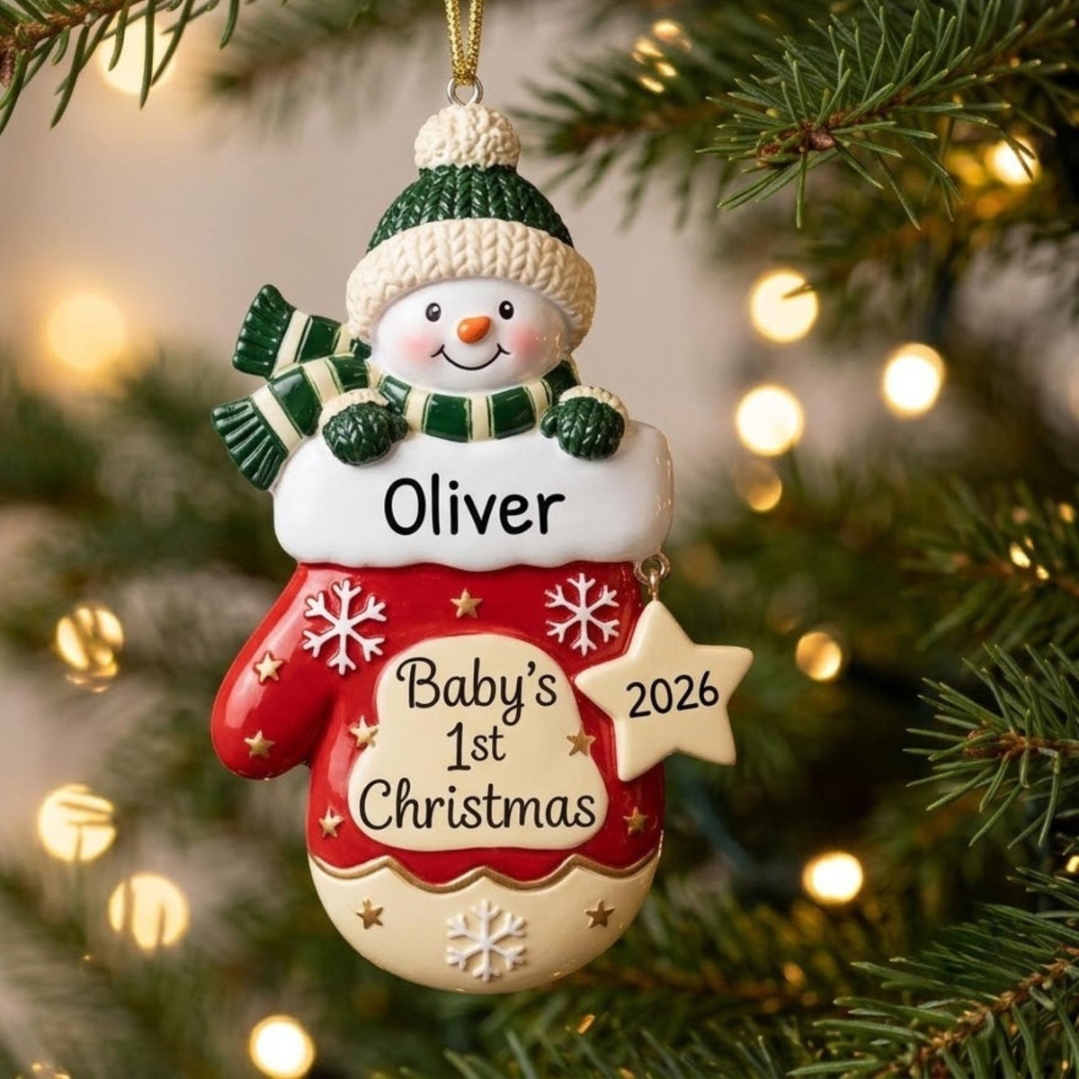 Baby's First Christmas Snowman Mitten Acrylic Ornament - Acrylic Christmas Ornament, front view