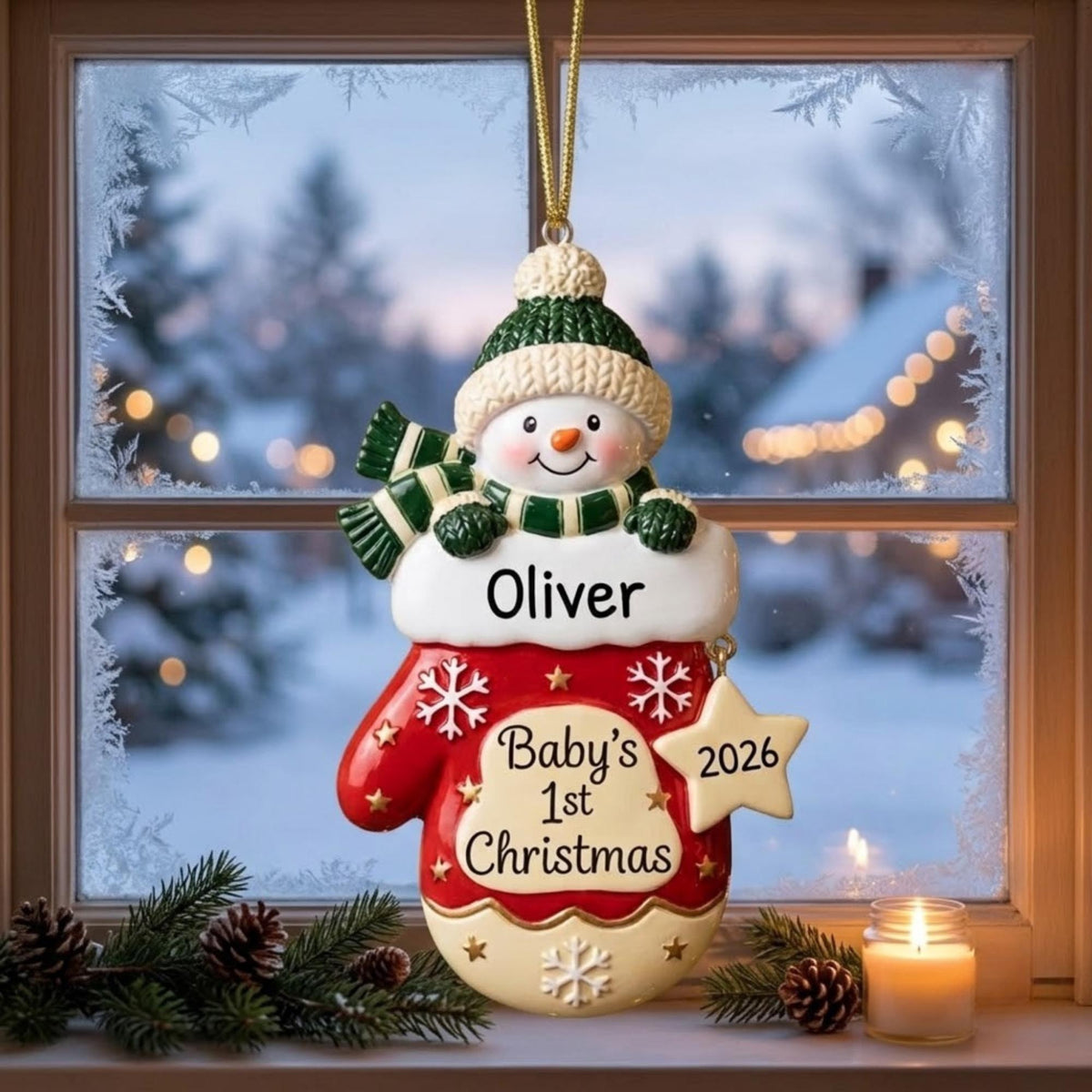 Baby's First Christmas Snowman Mitten Acrylic Ornament - Acrylic Christmas Ornament, detail view