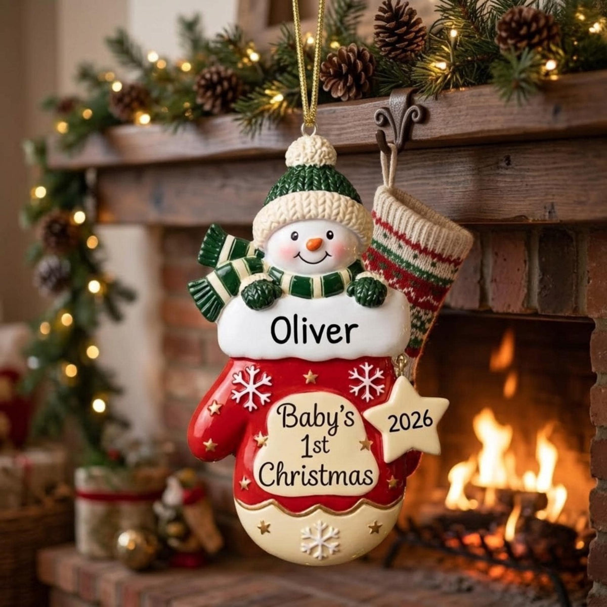 Baby's First Christmas Snowman Mitten Acrylic Ornament - Acrylic Christmas Ornament, styled in the home