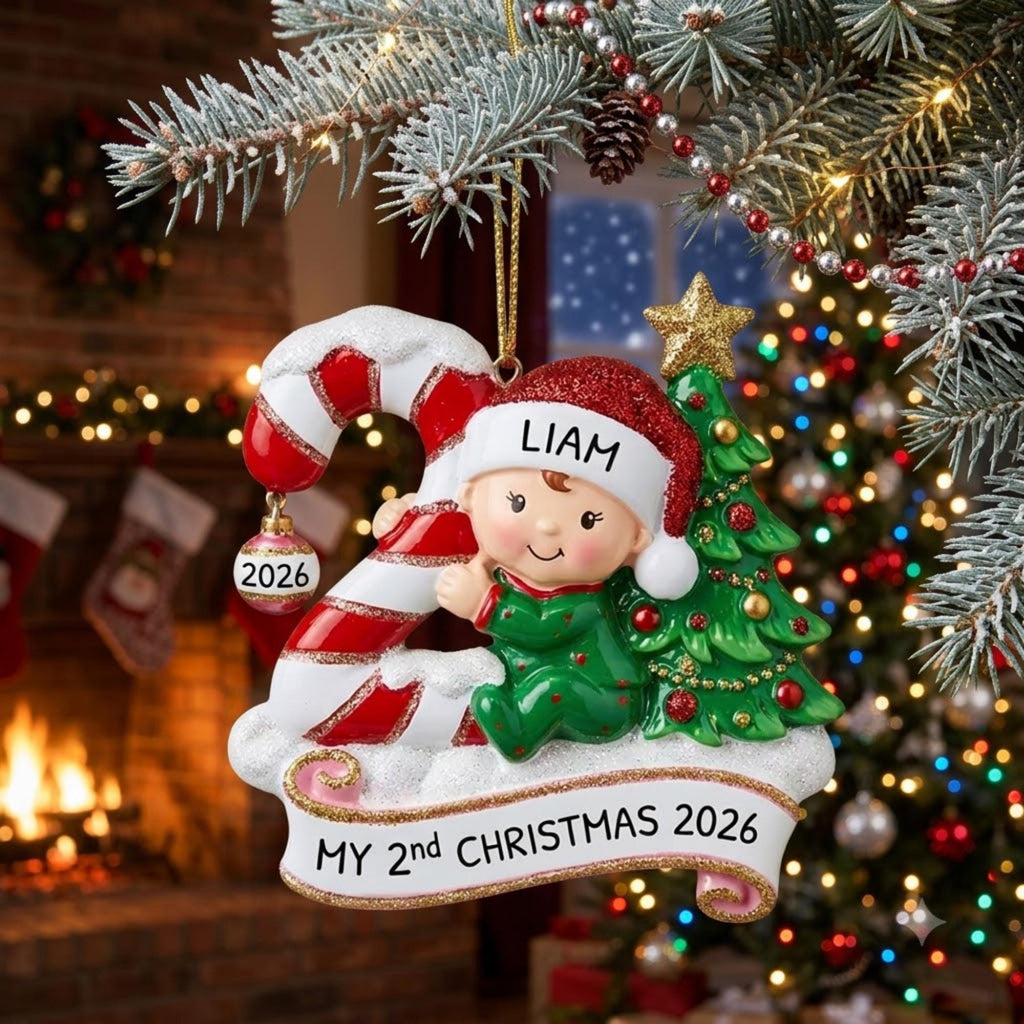 Baby Second Christmas Candy Cane Tree Acrylic Ornament - Acrylic Christmas Ornament, detail view