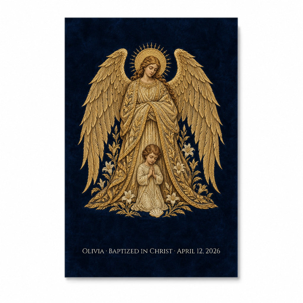 Baptism - Guardian Angel - Pre-Raphaelite Gold Filigree Personalized Canvas Wall Art - Canvas Wall Art, front view
