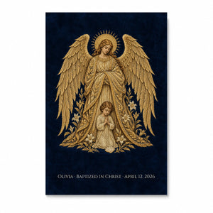 Baptism - Guardian Angel - Pre-Raphaelite Gold Filigree Personalized Canvas Wall Art - Canvas Wall Art, front view