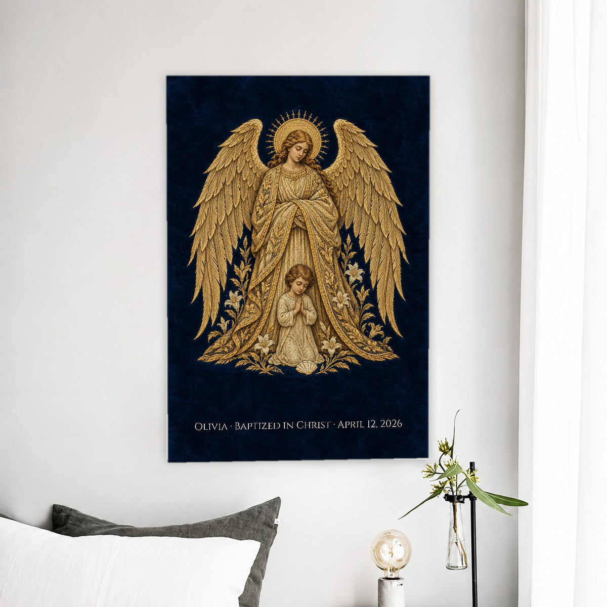 Baptism - Guardian Angel - Pre-Raphaelite Gold Filigree Personalized Canvas Wall Art - Canvas Wall Art, detail view