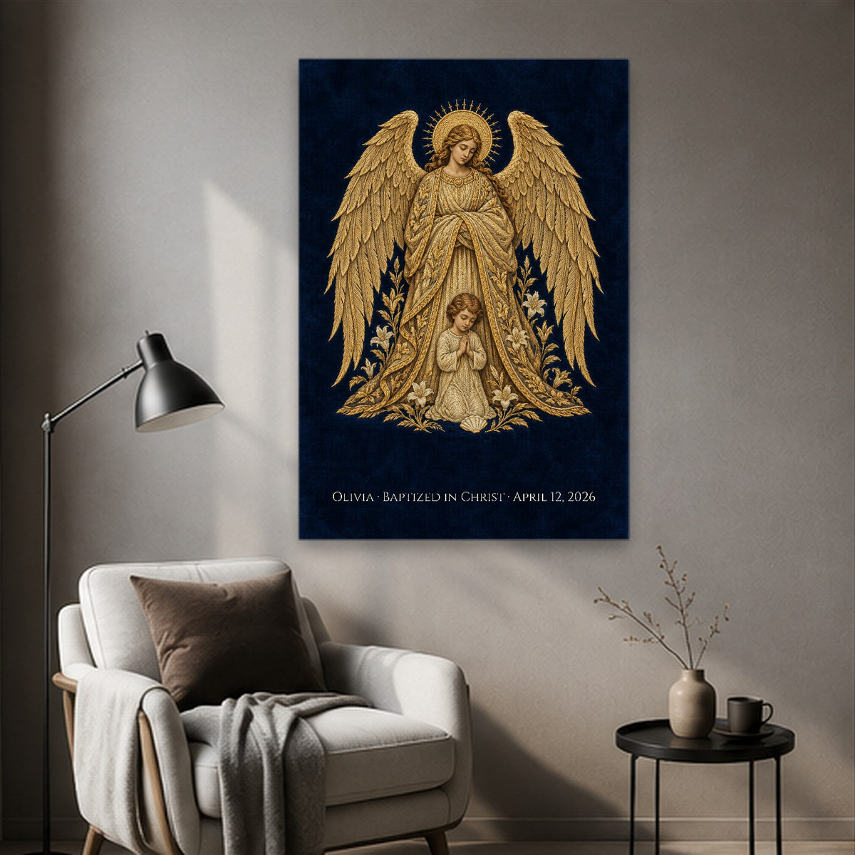 Baptism - Guardian Angel - Pre-Raphaelite Gold Filigree Personalized Canvas Wall Art - Canvas Wall Art, styled in the home