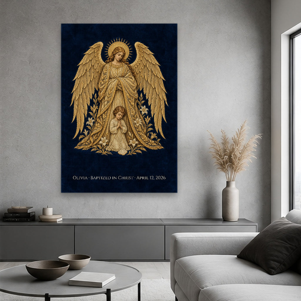 Baptism - Guardian Angel - Pre-Raphaelite Gold Filigree Personalized Canvas Wall Art - Canvas Wall Art, hanging display