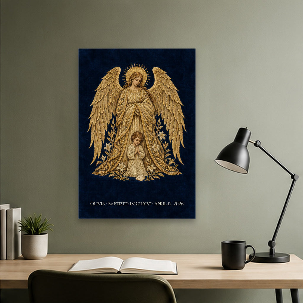 Baptism - Guardian Angel - Pre-Raphaelite Gold Filigree Personalized Canvas Wall Art - Canvas Wall Art, close-up of the print