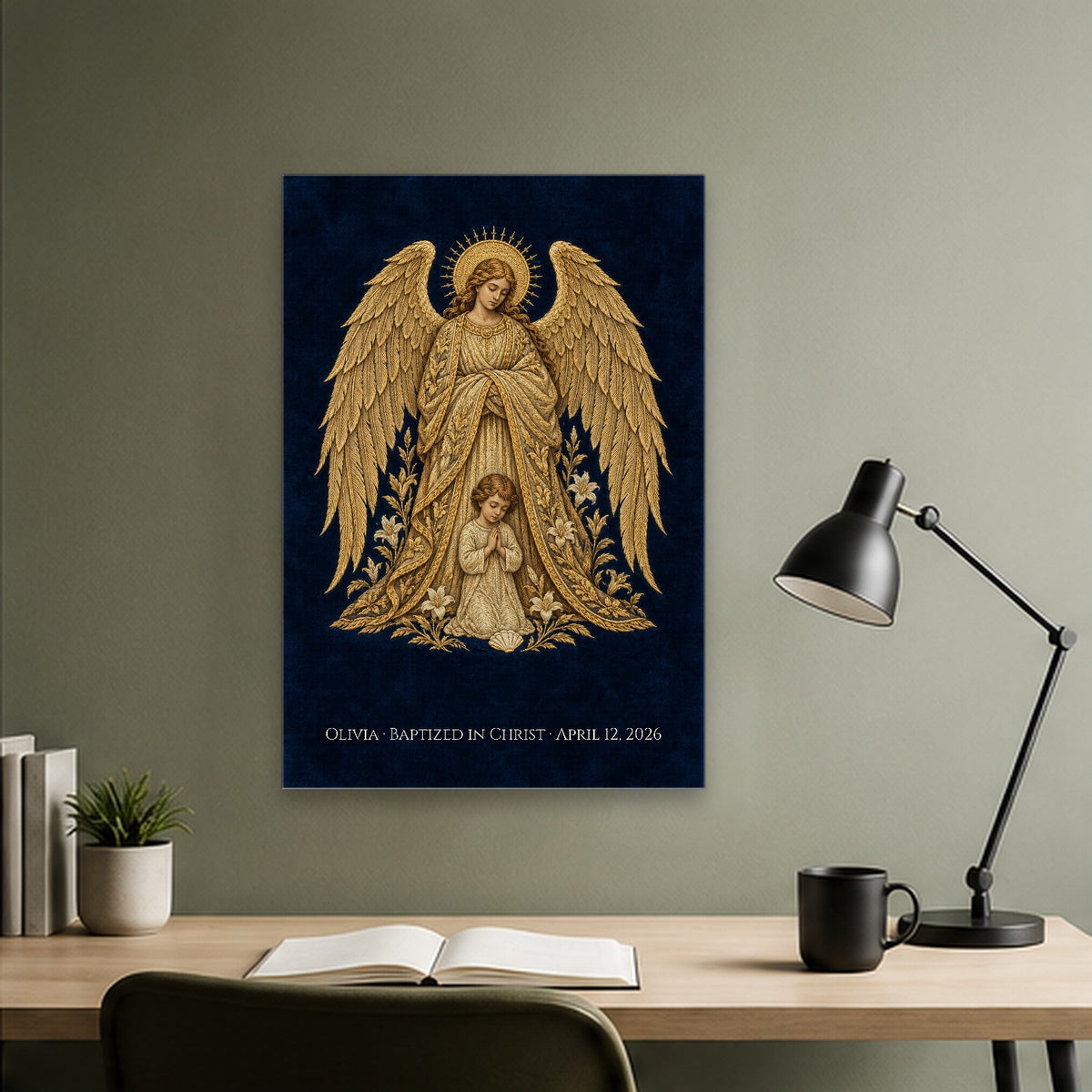 Baptism - Guardian Angel - Pre-Raphaelite Gold Filigree Personalized Canvas Wall Art - Canvas Wall Art, close-up of the print
