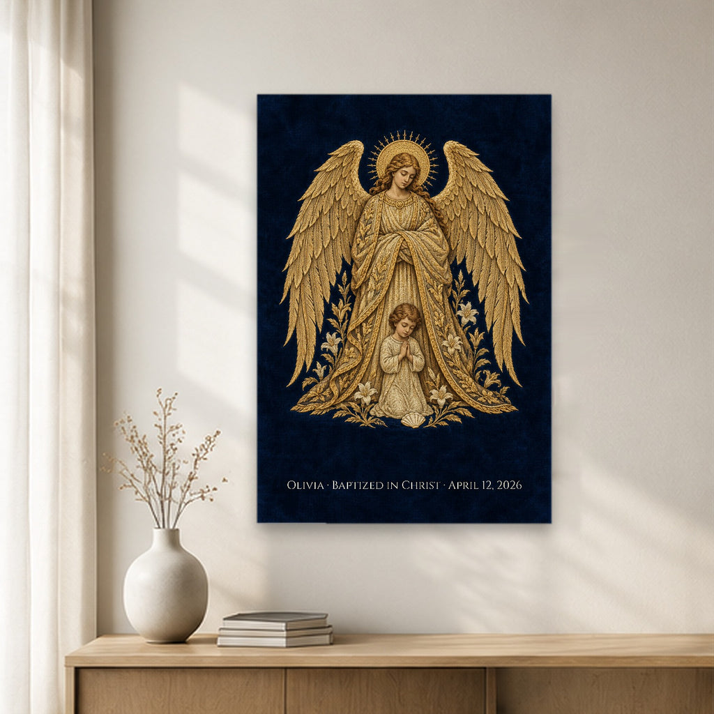 Baptism - Guardian Angel - Pre-Raphaelite Gold Filigree Personalized Canvas Wall Art - Canvas Wall Art, gift presentation
