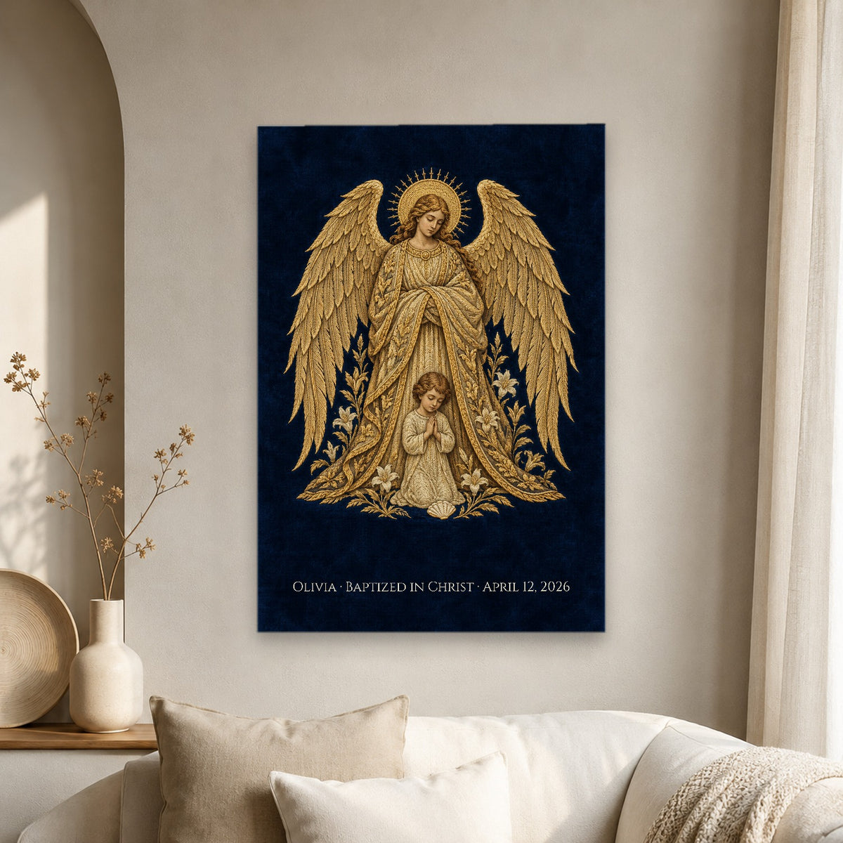 Baptism - Guardian Angel - Pre-Raphaelite Gold Filigree Personalized Canvas Wall Art - Canvas Wall Art, scale reference