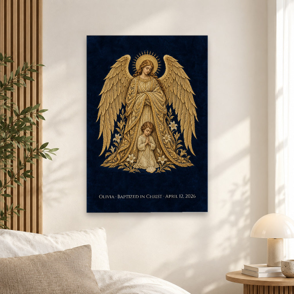 Baptism - Guardian Angel - Pre-Raphaelite Gold Filigree Personalized Canvas Wall Art - Canvas Wall Art, alternate angle