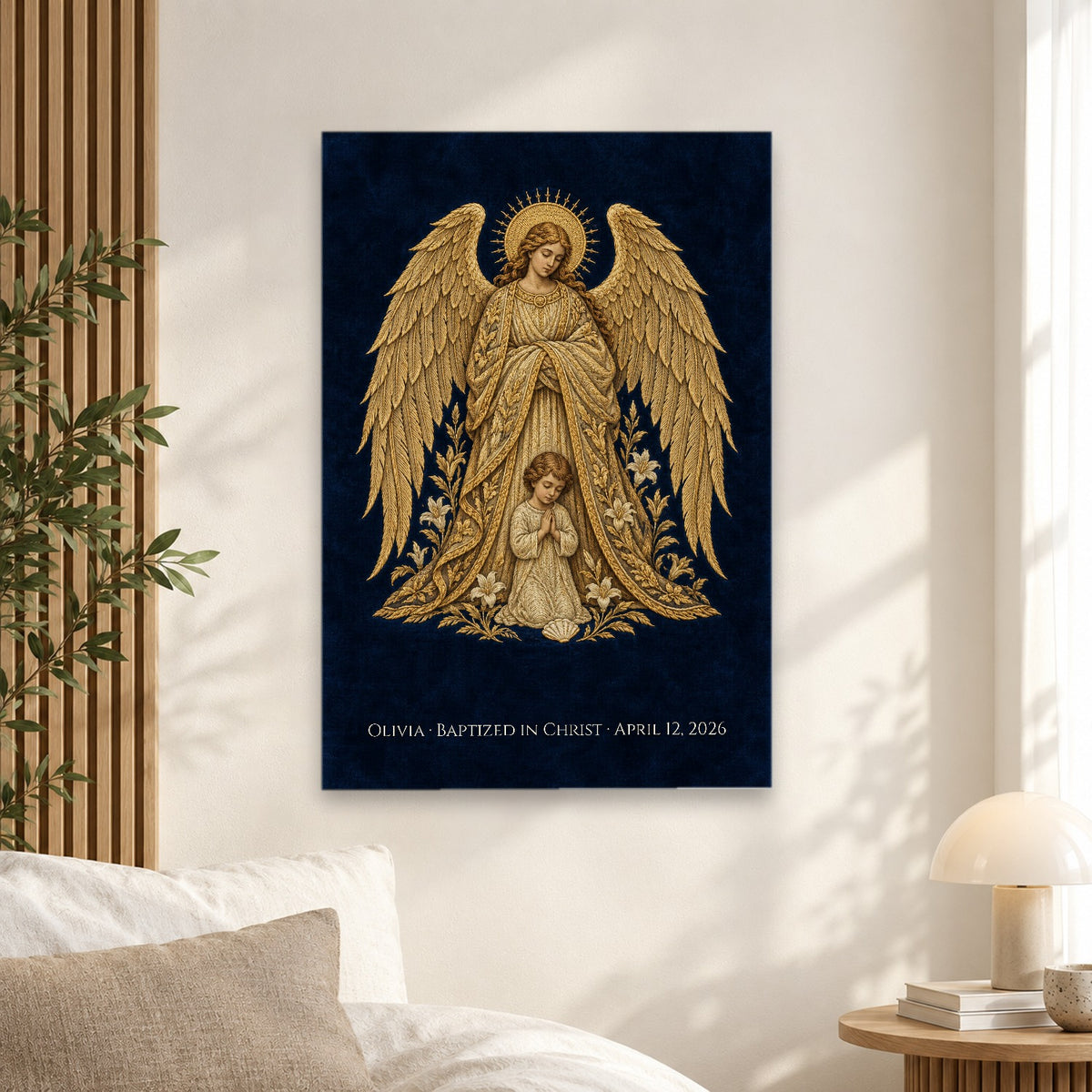 Baptism - Guardian Angel - Pre-Raphaelite Gold Filigree Personalized Canvas Wall Art - Canvas Wall Art, alternate angle