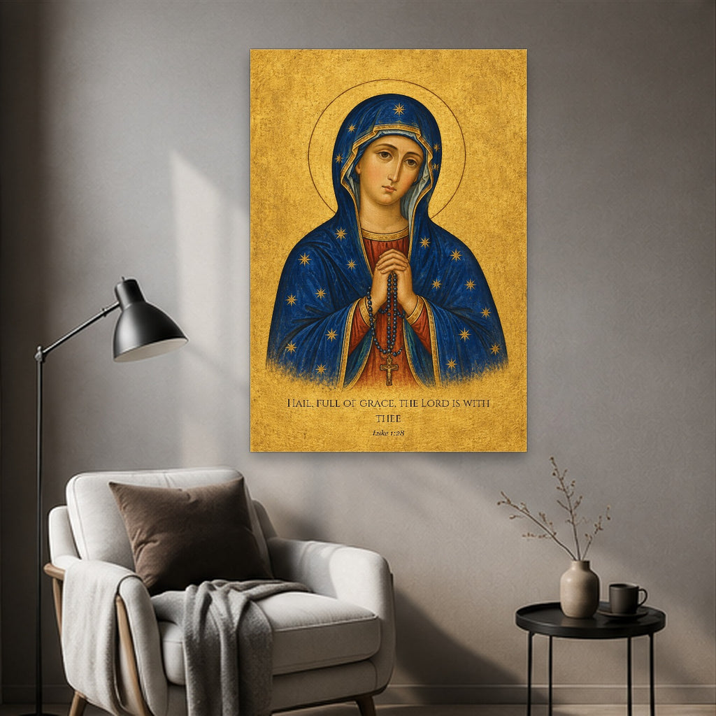 Bead by Bead in Manuscript Canvas Wall Art - Catholic Wall Art, styled in the home