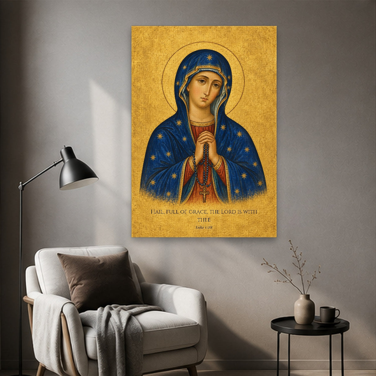 Bead by Bead in Manuscript Canvas Wall Art - Catholic Wall Art, styled in the home
