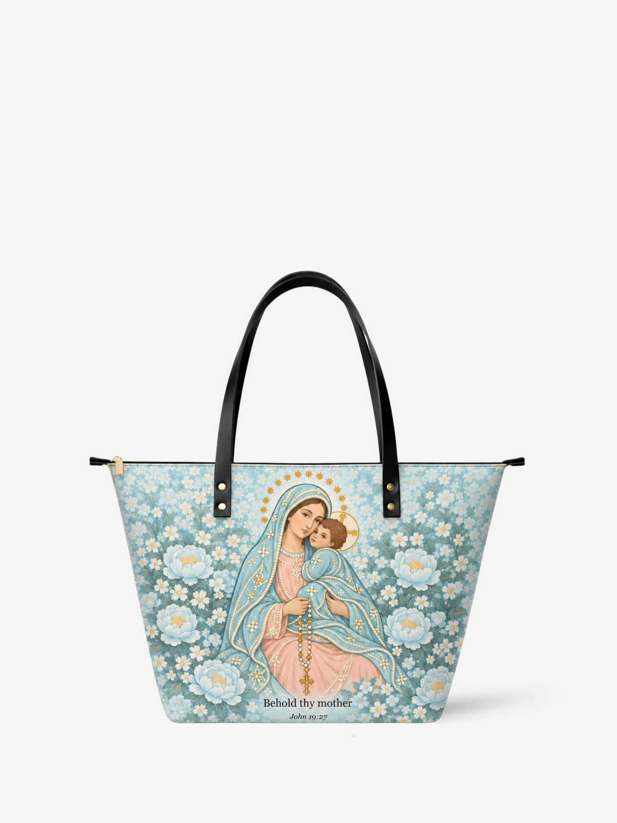 Behold Thy Mother PU Leather Tote Bag - Christian Tote Bag, front view