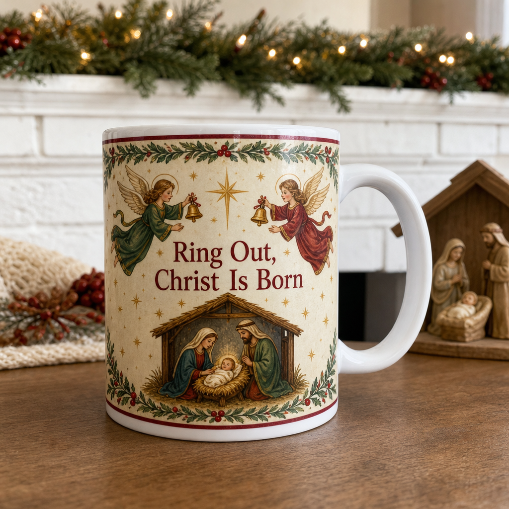 Bells Of Bethlehem Ceramic Mug - Christian Coffee Mug, front view