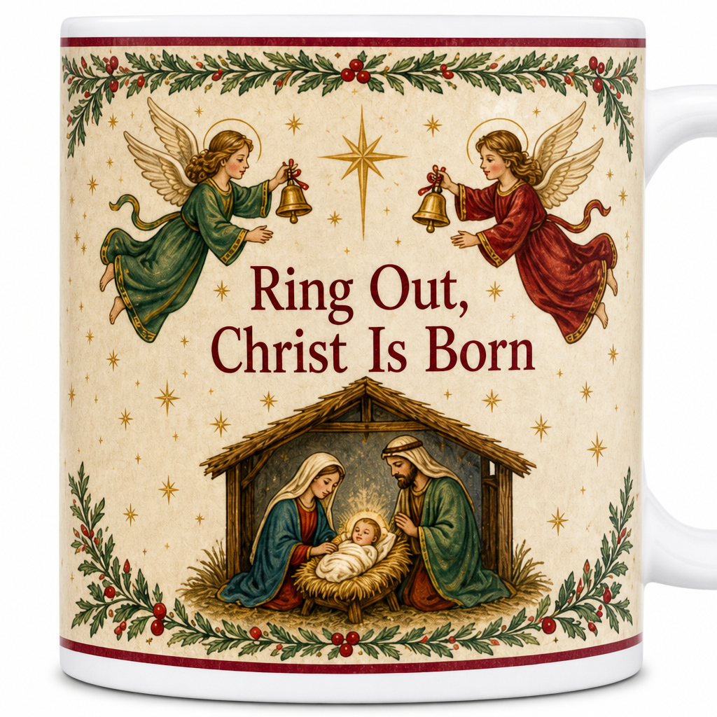 Bells Of Bethlehem Ceramic Mug - Christian Coffee Mug, detail view