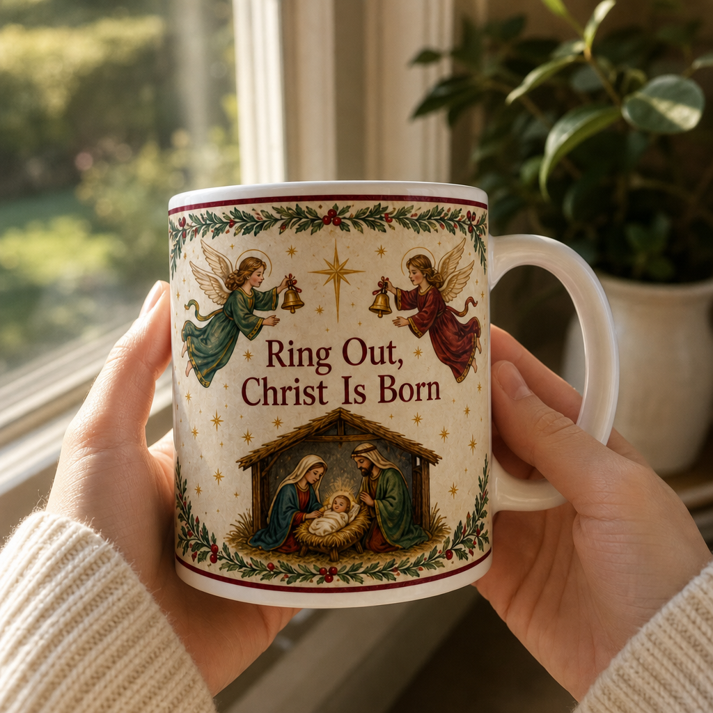 Bells Of Bethlehem Ceramic Mug - Christian Coffee Mug, styled in the home