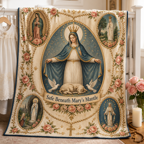 Beneath Mary's Mantle Fleece Blanket - Christian Blanket, front view