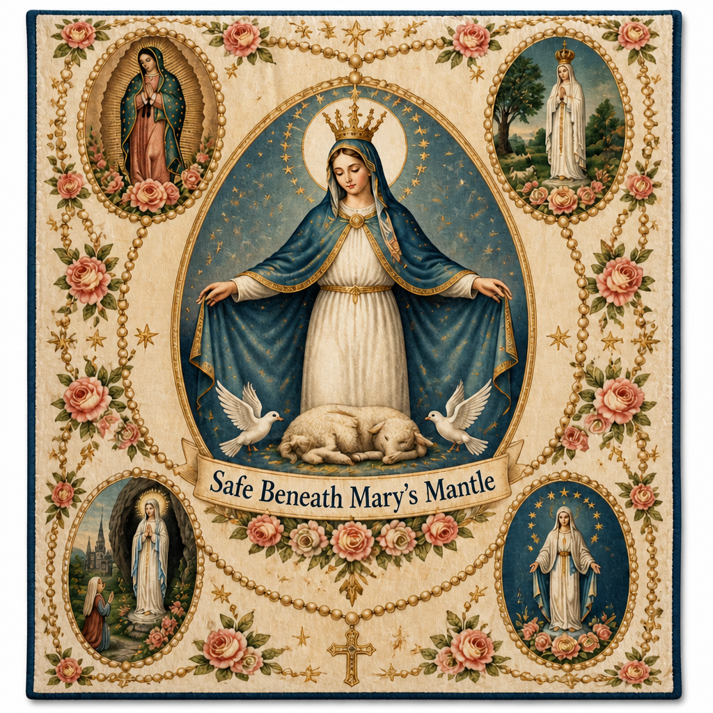 Beneath Mary's Mantle Fleece Blanket - Christian Blanket, detail view
