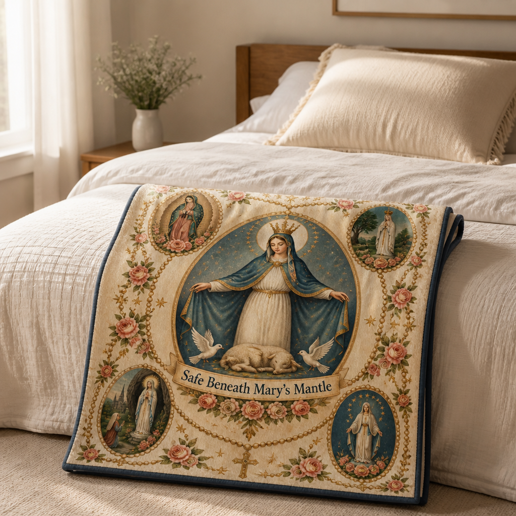 Beneath Mary's Mantle Fleece Blanket - Christian Blanket, styled in the home