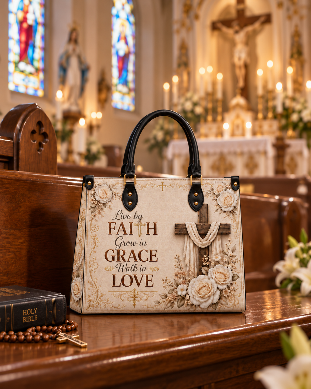 Blessed Grace Leather Handbag - Christian Handbag, detail view