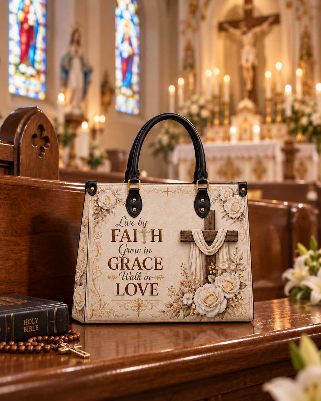 Blessed Grace PU Leather Handbag - Christian Handbag, close-up of the print