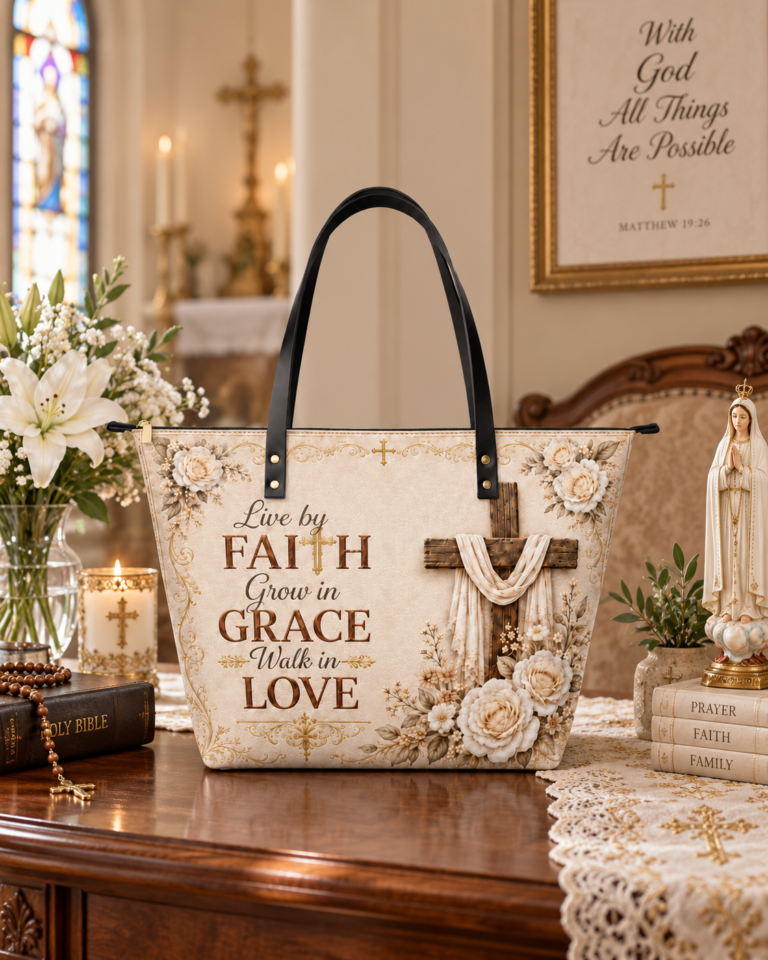 Blessed Grace PU Leather Tote Bag - Christian Tote Bag, close-up of the print