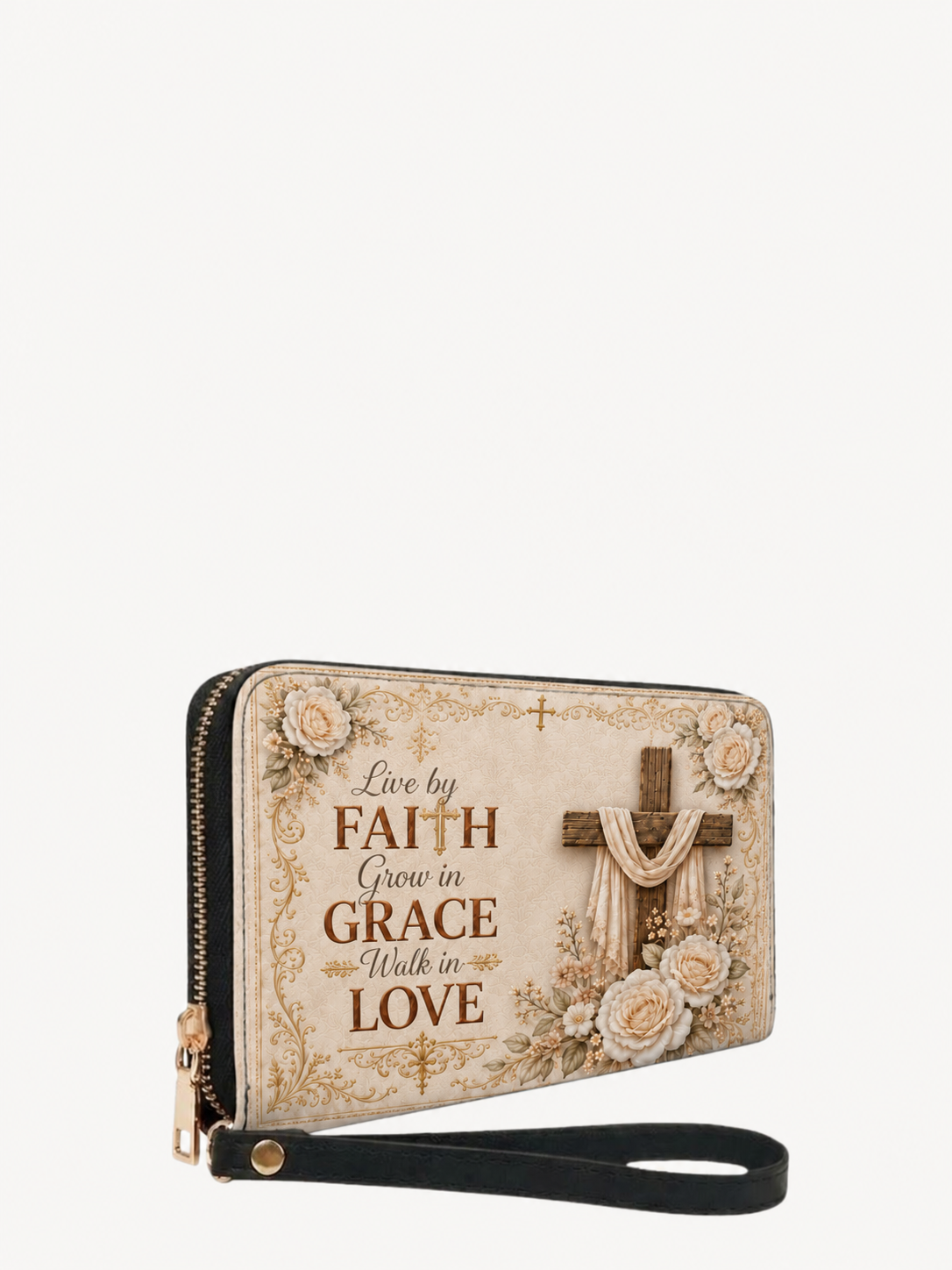 Blessed Grace PU Leather Wallet - Christian Wallet, close-up of the print
