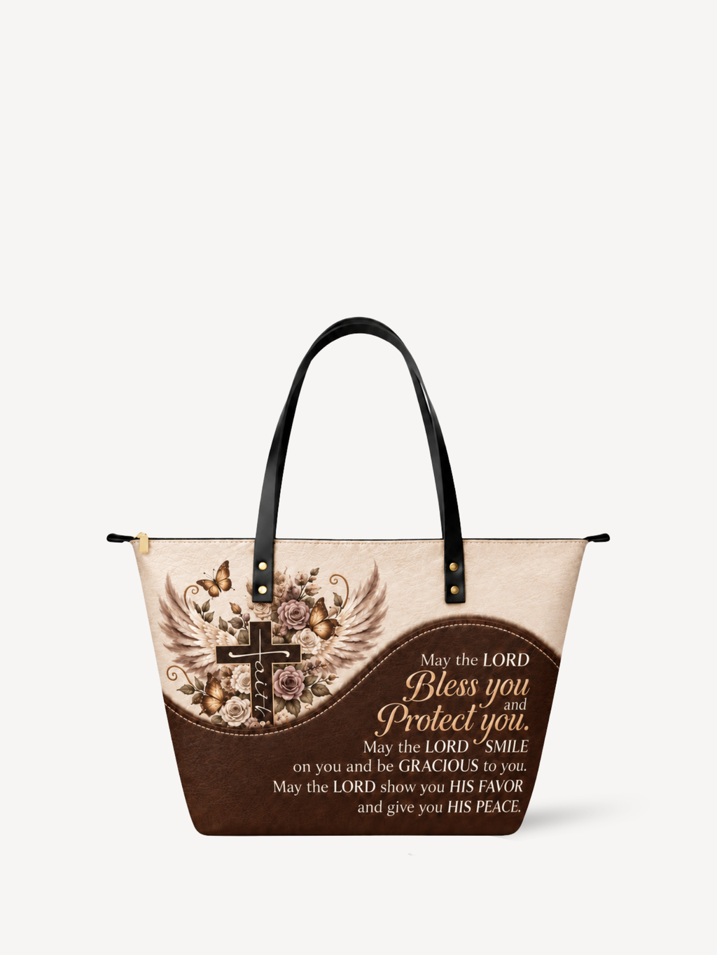 Blessed & Kept PU Leather Tote Bag - Christian Tote Bag, front view