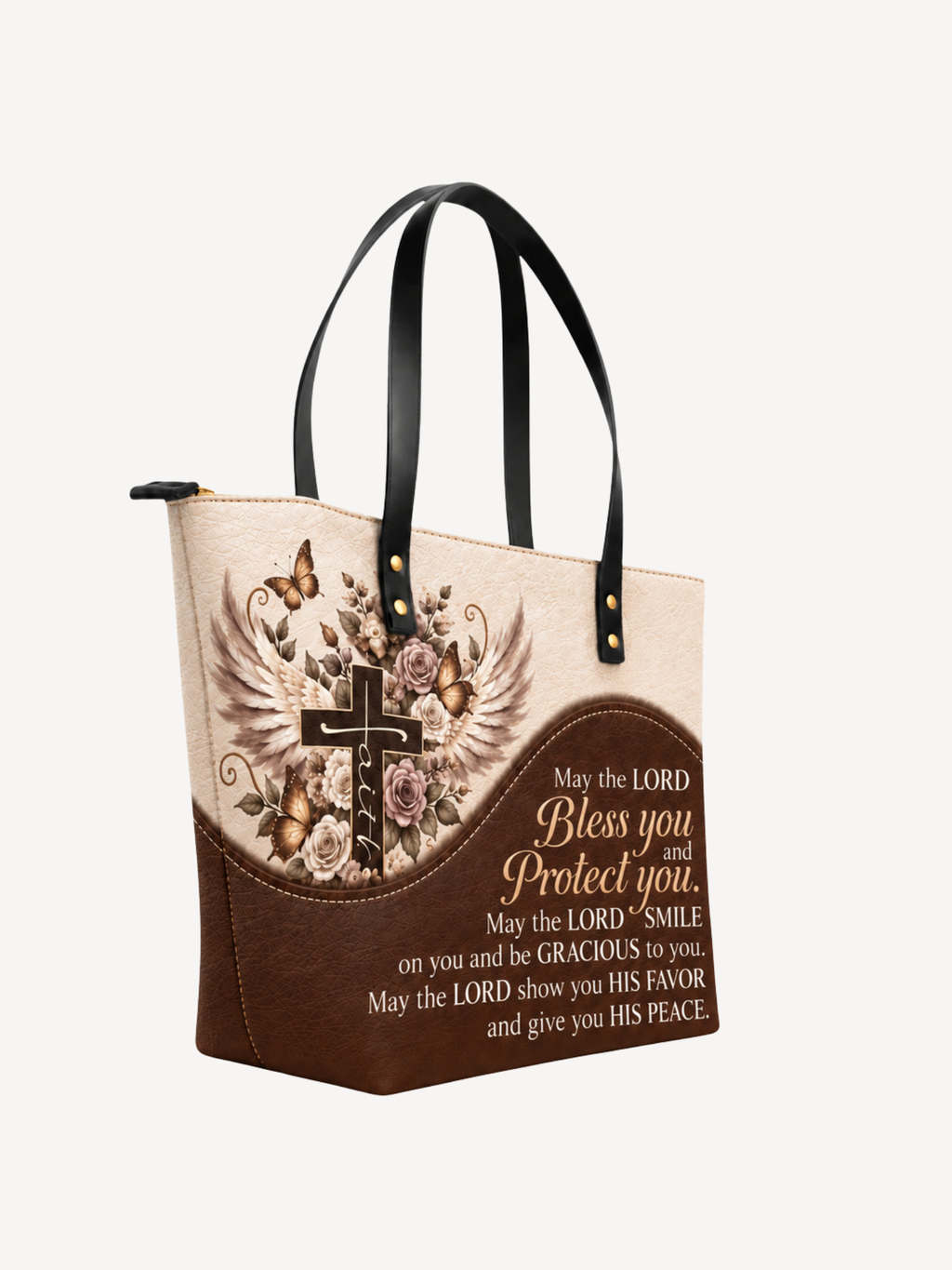 Blessed & Kept PU Leather Tote Bag - Christian Tote Bag, detail view
