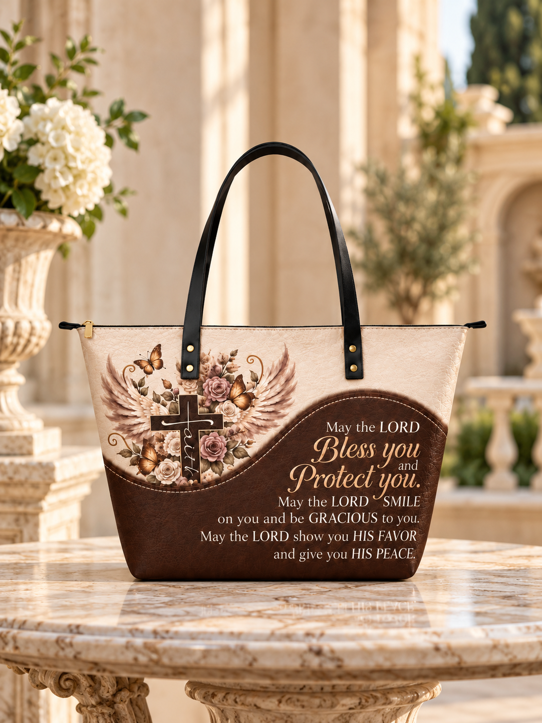 Blessed & Kept PU Leather Tote Bag - Christian Tote Bag, close-up of the print