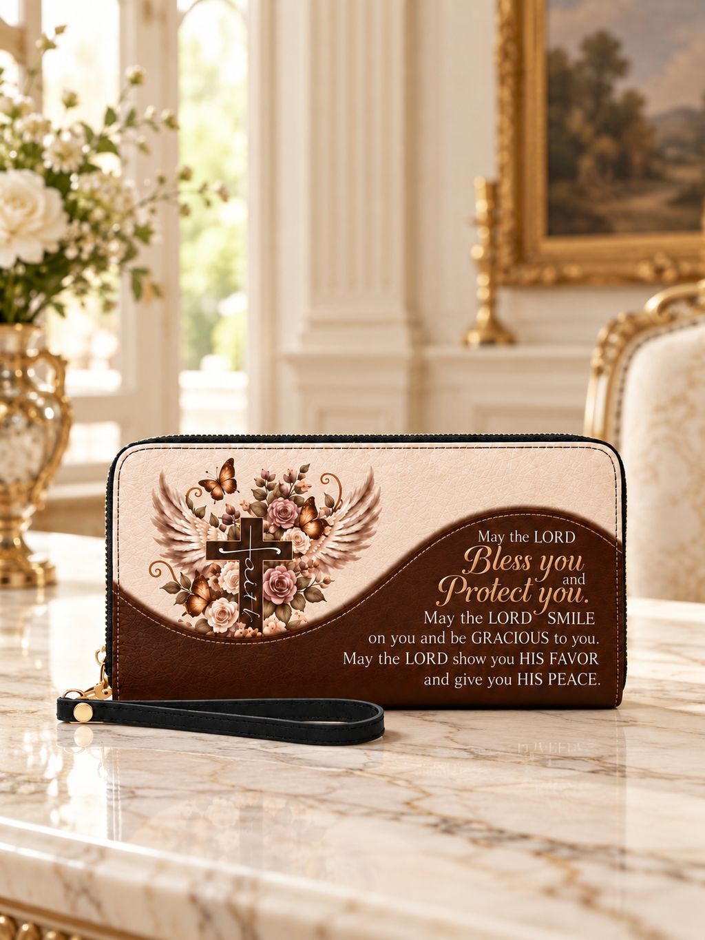Blessed & Kept PU Leather Wallet - Christian Wallet, close-up of the print
