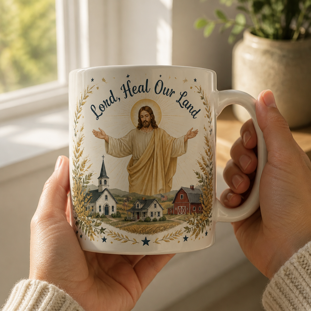 Blessing Over The Heartland Ceramic Mug - Christian Coffee Mug, styled in the home