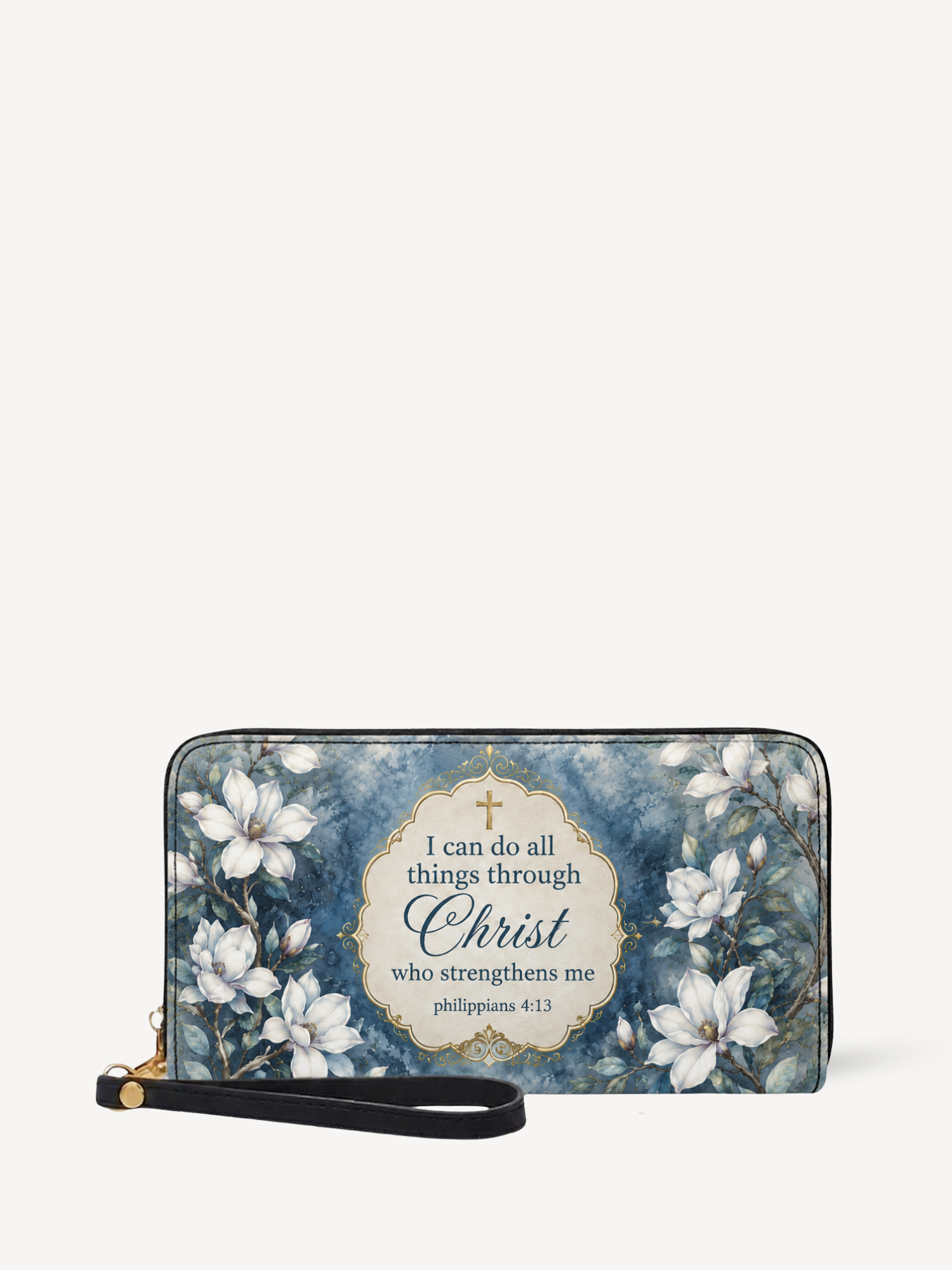 "Blue Magnolia" Leather Wallet - Catholic Leather Wallet, Front View