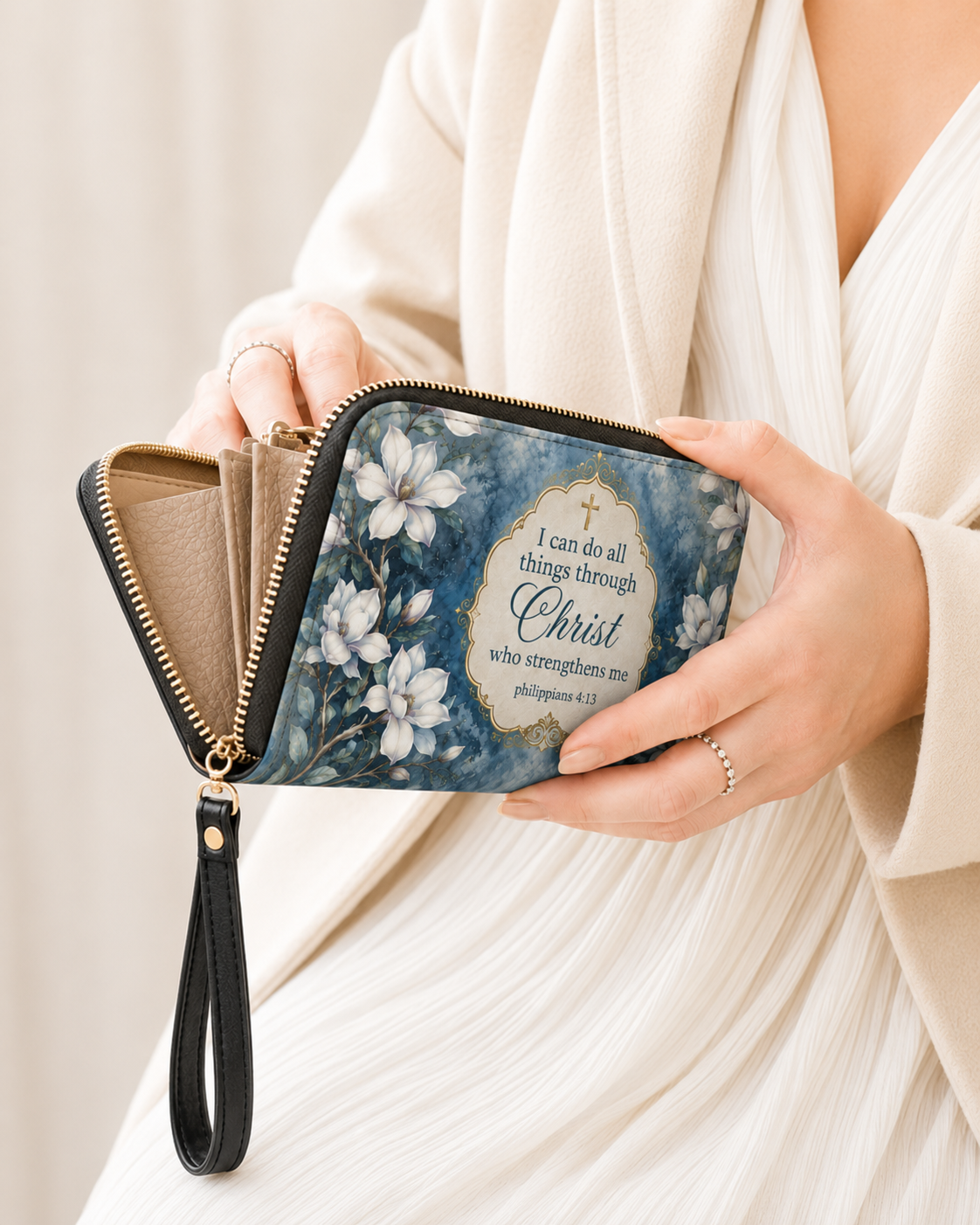 "Blue Magnolia" Leather Wallet - Catholic Leather Wallet, View 3