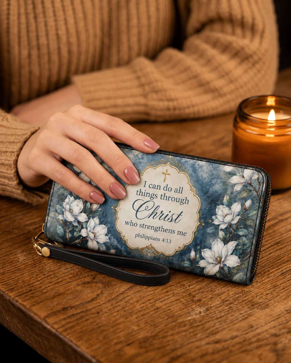 "Blue Magnolia" Leather Wallet - Catholic Leather Wallet, View 4