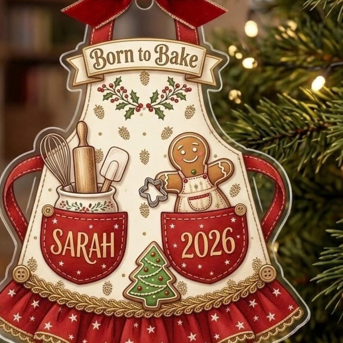 Born to Bake Christmas Apron Acrylic Ornament - Acrylic Christmas Ornament, detail view