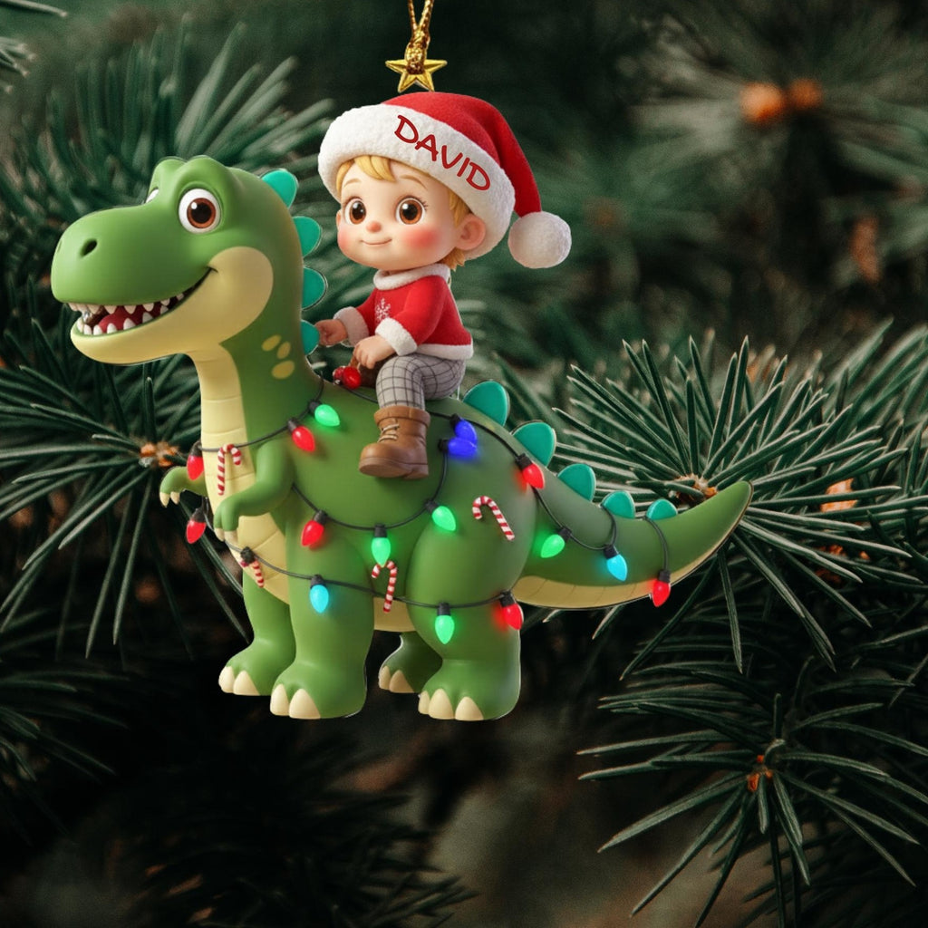 Boy Riding Christmas Dinosaur Lights Acrylic Ornament - Acrylic Christmas Ornament, front view