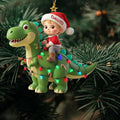 Boy Riding Christmas Dinosaur Lights Acrylic Ornament - Acrylic Christmas Ornament, front view