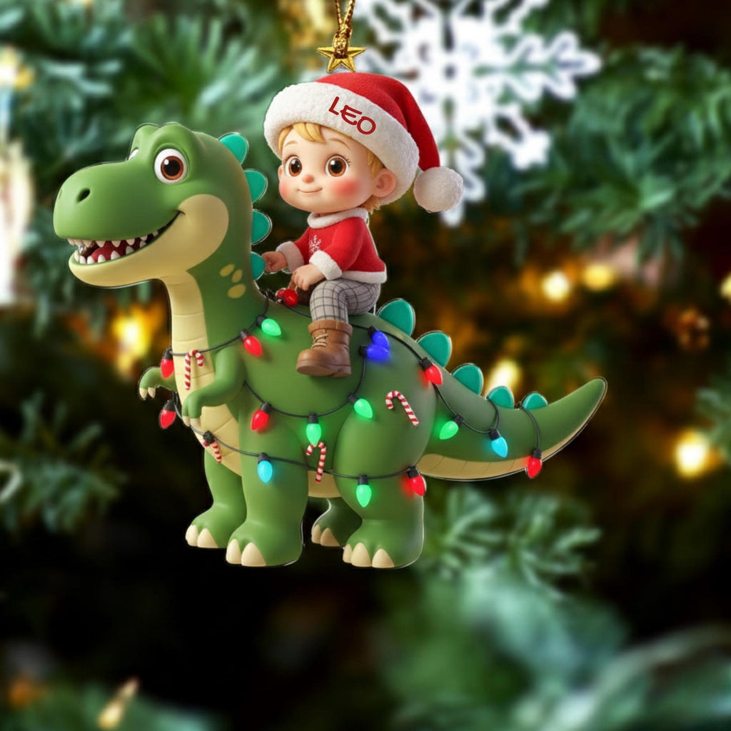 Boy Riding Christmas Dinosaur Lights Acrylic Ornament - Acrylic Christmas Ornament, detail view