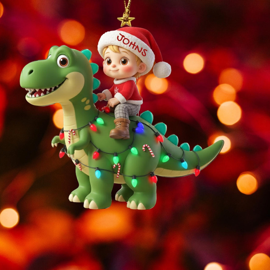 Boy Riding Christmas Dinosaur Lights Acrylic Ornament - Acrylic Christmas Ornament, styled in the home